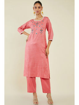 Soch - Women Coral Viscose Stripes Kurta (Set of 2)