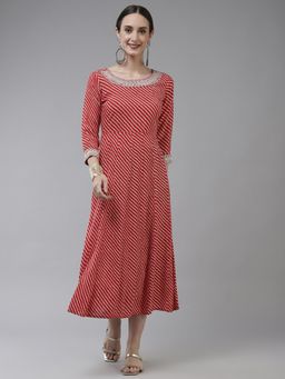 Yufta - Women Red Embroidery Rayon A-line Dress