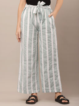 NOBARR - Women Cotton Green and White Striped Parallel Pant