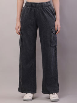 NOBARR - Women Cotton Mid Rise Baggy Cargo Pant Dark Grey Trouser