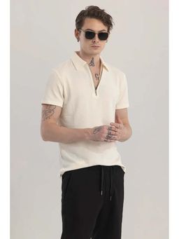 Snitch - Cream Textured Half Sleeves Slim Casual Polo T-Shirt for Men