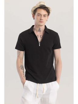 Snitch - Black Textured Half Sleeves Slim Casual Polo T-Shirt for Men