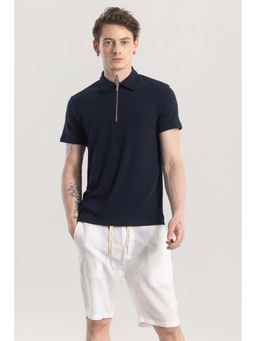 Snitch - Navy Textured Half Sleeves Slim Casual Polo T-Shirt for Men