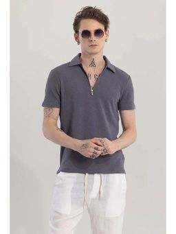 Snitch - Charcoal Grey Textured Half Sleeves Slim Casual Polo T-Shirt for Men