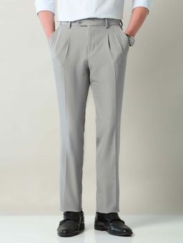 AD By Arvind - Mid Rise Grey Pleated Formal Trousers