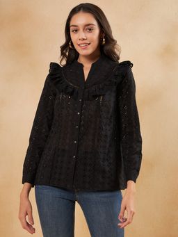 Femmella - Black Schiffli Ruffle Detail Top