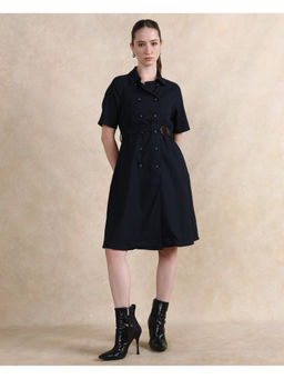 RAREISM - Navy Blue Crypty A-Line Knee Length Dress with Belt (Set of 2)