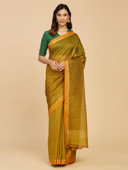 Fabindia - Olive Cotton Silk Hand Woven Saree Without Blouse