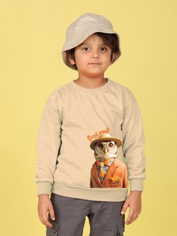 Nusyl - Boys Beige Prof.Owl Text Printed Oversized Sweatshirt