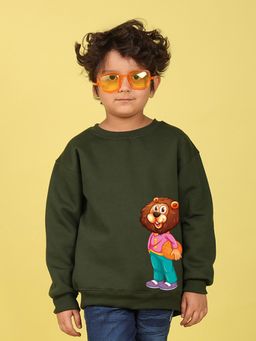 Nusyl - Boys Olive Cartoon Bear Text Printed Oversized Sweatshirt