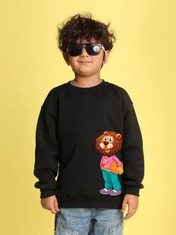 Nusyl - Boys Black Cartoon Bear Text Printed Oversized Sweatshirt