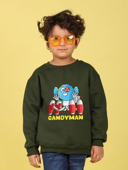 Nusyl - Boys Olive Candyman Text Printed Oversized Sweatshirt