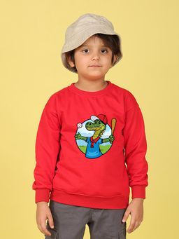 Nusyl - Boys Red Crocodile Text Printed Oversized Sweatshirt