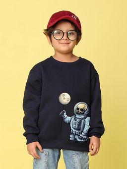 Nusyl - Boys Navy Blue Space Astronaut Text Printed Oversized Sweatshirt