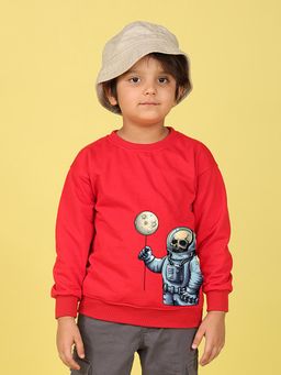 Nusyl - Boys Red Space Astronaut Text Printed Oversized Sweatshirt