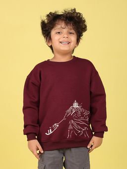 Nusyl - Boys Burgundy Warrior Text Printed Oversized Sweatshirt