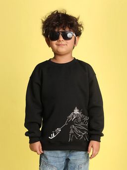 Nusyl - Boys Black Warrior Text Printed Oversized Sweatshirt