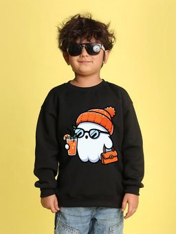 Nusyl - Boys Black Happy Text Printed Oversized Sweatshirt