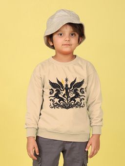 Nusyl - Boys Beige Hores and Person Text Printed Oversized Sweatshirt