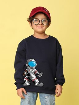 Nusyl - Boys Navy Blue Space Astronaut Text Printed Oversized Sweatshirt