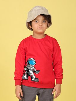 Nusyl - Boys Red Space Astronaut Text Printed Oversized Sweatshirt