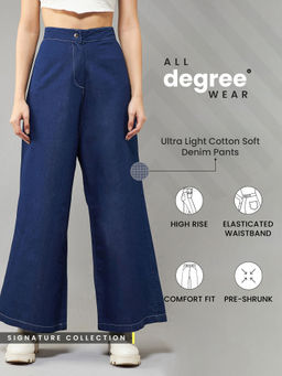 DOLCE CRUDO - Women's Navy Blue Wide-Leg High Rise Clean Look Light weight Denim Pants