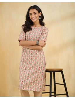 Fabindia - Pink Cotton Hand Block Printed Slim Fit Kurta