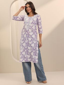 Libas - Lavender Floral Printed And Embroidered Straight Kurta