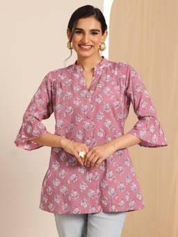 Libas - Mauve Ethnic Motif Printed Panelled Tunic With Bell Sleeves