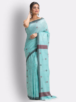 Angoshobha - Blue Handloom Cotton Jamdani Saree with Unstitched Blouse