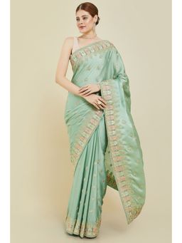 Soch - Women Green Chiffon Embroidered Saree with Unstitched Blouse