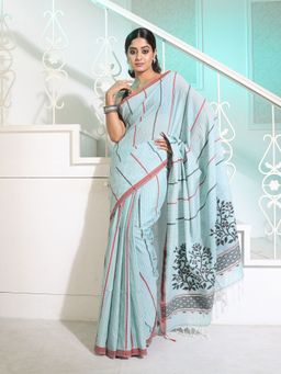 CHARUKRITI - Powder Blue Cotton Handspun Saree with Stripes and Nakshi Pattern with Unstitched Blouse