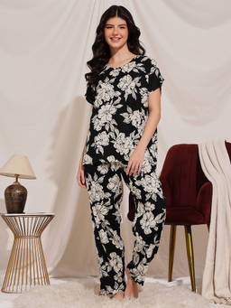 Clovia - Black Rayon Floral Print Top and Pyjama