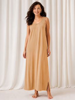 Clovia - Beige Sleeveless Side Slits Long Nighty