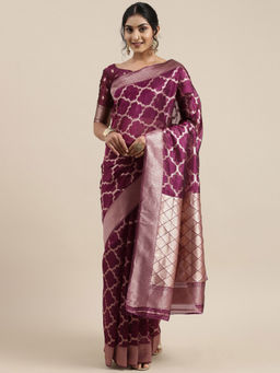 Sareemall - Womens Organza Magenta Woven Design Saree with Unstitched Blouse