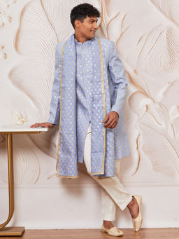 Vastramay - Mens Blue Silk Blend Woven Design Lace Deatiling Dupatta