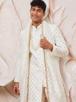 Vastramay - Mens Cream Silk Blend Woven Design Lace Deatiling Dupatta