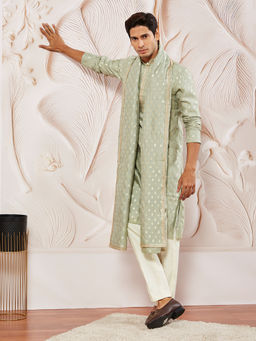 Vastramay - Mens Green Silk Blend Woven Design Lace Deatiling Dupatta