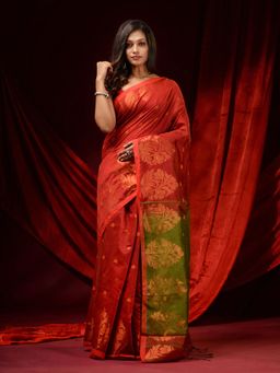 CHARUKRITI - Brick Red Blended Cotton Woven Buttas and Floral Borders Saree with Unstitched Blouse
