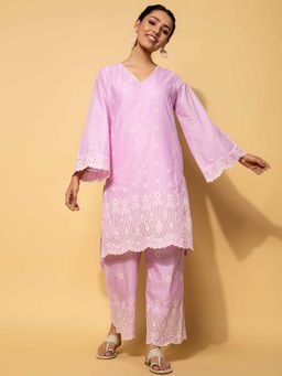 Libas - Lavender Floral Embroidered Kurta with Palazzo (Set of 2)