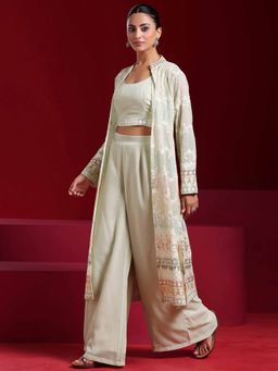 Libas Art - Sea Green Embroidered Crop Top with Long Jacket and Palazzo (Set of 3)