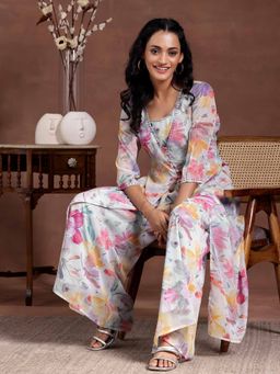Libas - Multicolour Floral Printed Top with Shrug and Palazzo (Set of 3)