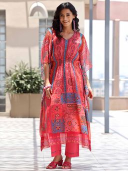 Libas - Pink Printed Kimono Kurta with Inner and Pant (Set of 3)