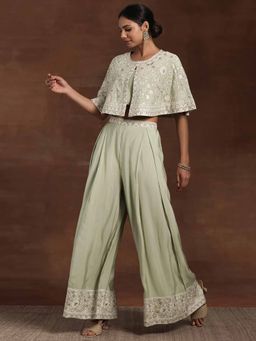 Libas Art - Green Embroidered Crop Top with Cape and Palazzo (Set of 3)