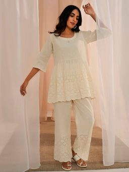 Libas - Off White Schiffli Kurti and Palazzo (Set of 2)