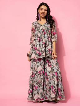Libas - Grey Printed Kurta with Palazzo (Set of 2)