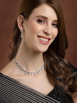 PANASH - Silver Rhodium Plated Single Line AD Studded Sleek Jewellery (Set of 2)