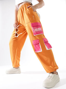 Hubberholme - Women Orange Printed High-Rise Casual Trackpant