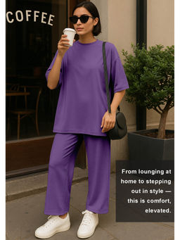 Moomaya - Womens 2 Pcs Soft Viscose Jersey Purple Co-Ord Set