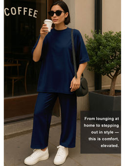 Moomaya - Womens 2 Pcs Soft Viscose Jersey Navy Blue Co-Ord Set